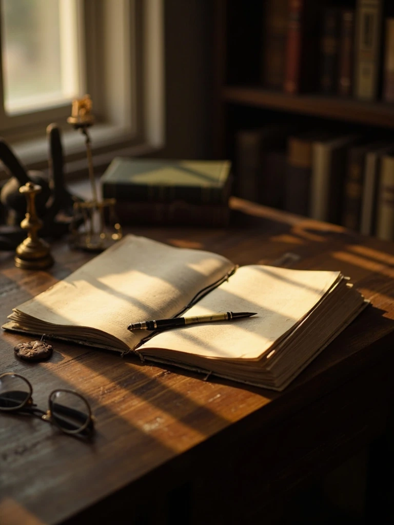 An open cloth-bound journal and fountain pen on a wooden desk in warm light