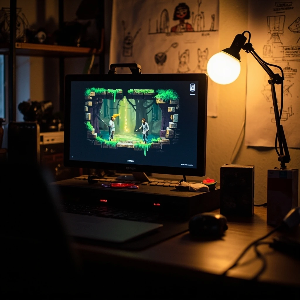 An indie pixel art game displayed on a CRT monitor on a creator's desk