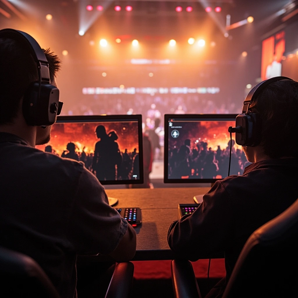 An esports arena stage viewed from behind two glowing monitors