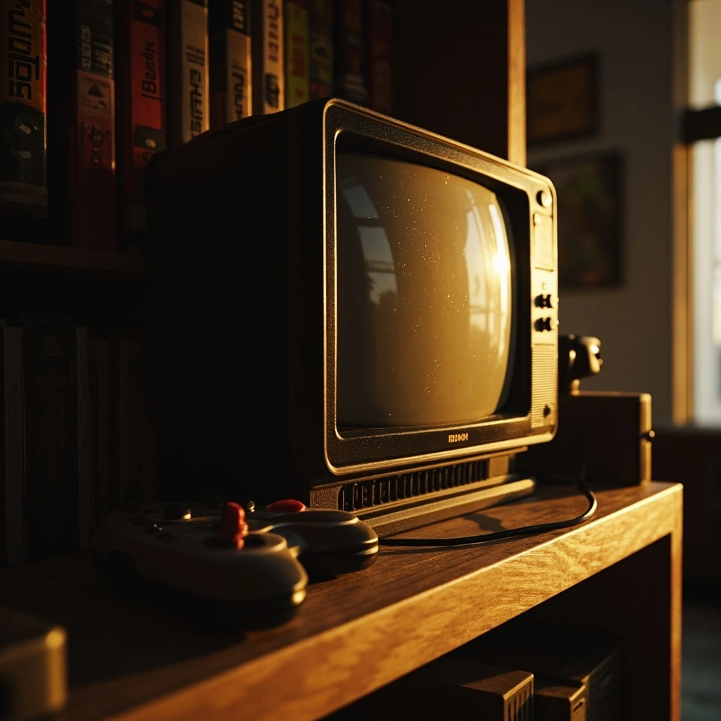 A row of vintage game cartridges beside a small CRT television on a wooden shelf