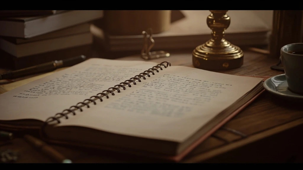 A wooden editor's desk arranged with a leather notebook, fountain pen and bound proof pages in warm morning light